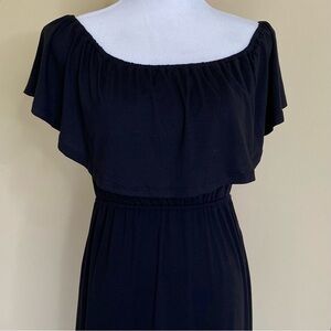 Stretch Jersey Maxi Dress Women M Black Ruffle Neckline Baby Doll Dark Romantic